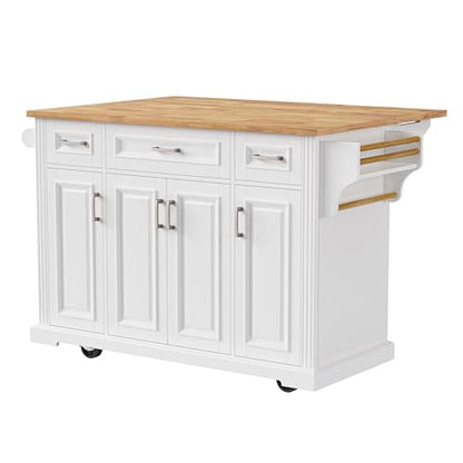 54inch Large Kitchen Island With Rubber Wood Drop Leaf,Embossed Texture Rolling Kitchen Cart On 4 Wheels With 4 Doors And 3 Drawers,Kitchen Island With Storage For Kitchen,Dining Room (White-0t) - color: White-0t)