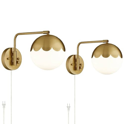 Camila Brass Glass Globe Plug-In Swingarm Wall Lamps Set of 2 Light Fixture | Modern Swing Arm Antique Metal Round Shade for Bedroom Bedside House Reading Living Room Home Hallway Dining - color: Brass - Set of Two