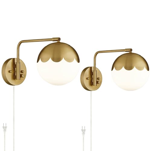 Camila Brass Glass Globe Plug-In Swingarm Wall Lamps Set of 2 Light Fixture | Modern Swing Arm Antique Metal Round Shade for Bedroom Bedside House Reading Living Room Home Hallway Dining - color: Brass - Set of Two
