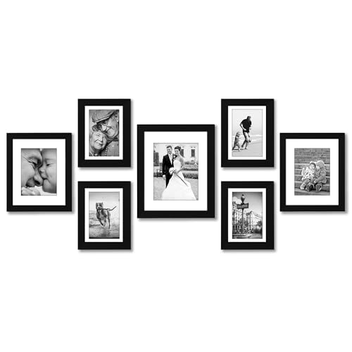Americanflat Set of 7 Picture Frames with Shatter-Resistant Glass - Gallery Wall Frame Set with One 11x14, Two 8x10 and Four 5x7 Frames - Signature Collection - Black - color: Black with Mat, style: 7 Pack