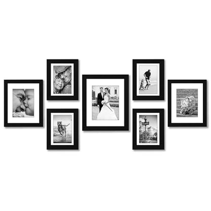 Americanflat Set of 7 Picture Frames with Shatter-Resistant Glass - Gallery Wall Frame Set with One 11x14, Two 8x10 and Four 5x7 Frames - Signature Collection - Black - color: Black with Mat, style: 7 Pack