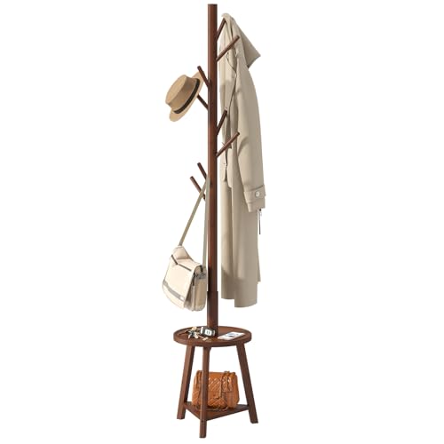 BMOSU Coat Rack freestanding Stand with 2 Shelves Bamboo Wooden Coat Tree Easy Assembly 8 Hooks Standing Jackets Hanger Hallway Office Floor Coat Stand Brown - color: BROWN