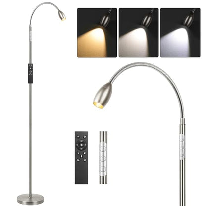 Reading Floor Lamp, 72" LED Dimmable Lamp with Gooseneck,Zoomable Spotlight | Adjustable Color Beam Standing Lamp, Touch & Remote Control, Task Craft, Sewing, Bedroom Living Room, Office, Brushed Nicke - color: Brushed Nickel