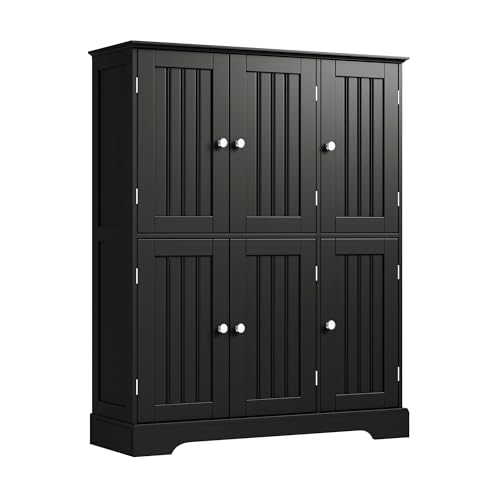 ChooChoo Bathroom Floor Cabinet with 6 Doors and Adjustable Shelves | Modern Bathroom Storage Cabinet, Freestanding Cupboard for Living Room, Black - color: Black, size: 11.81"D x 34.69"W x 43.5"H