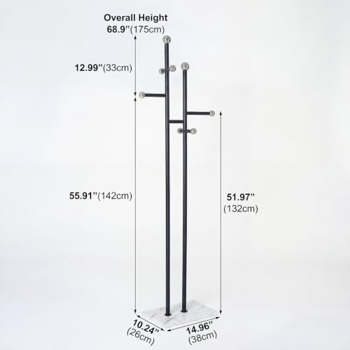 Entryway Coat Rack Freestanding, Black Metal Marble Base | 1.0mm thickened black metal tree with 8 stainless steel hooks. Anti-toppling heavy marble base for modern entryway. - color: black and white
