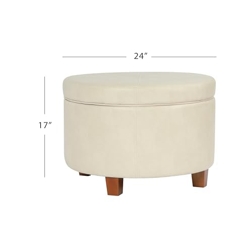 HomePop Round Leatherette Storage Ottoman with Lid, Ivory Large - color: Cream Faux Leather