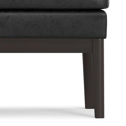 SIMPLIHOME Carlson 45" Wide Vegan Leather Rectangle Ottoman in Black | Distressed black, mid-century modern ottoman bench with a padded seat for bedroom or living room; footstool, footrest. - color: Distressed Black, style: Ottoman Bench