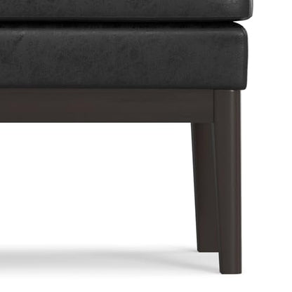 SIMPLIHOME Carlson 45" Wide Vegan Leather Rectangle Ottoman in Black | Distressed black, mid-century modern ottoman bench with a padded seat for bedroom or living room; footstool, footrest. - color: Distressed Black, style: Ottoman Bench