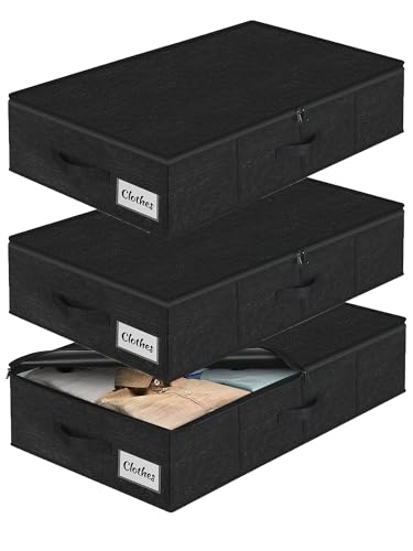 Under Bed Storage Container Bin 3 Pack, Low Profile Foldable Underbed Clothes Storage Organizer W/ Ultra Thick Fabric and Sturdy Bottom/Sides, Dual Zipper Storage Box for Dorm and Home 30x16x6.7" - color: Black-3 Pack, size: 6.7in-space