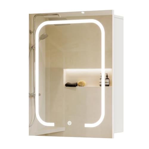 Lighted Bathroom Medicine Cabinet with Mirror, LED Bathroom Vanity Mirror with Storage, 3 Color Temperatures, Wall Mounted Bathroom Cabinet, Adjustable Shelves, Touch-Sensitive Control, White