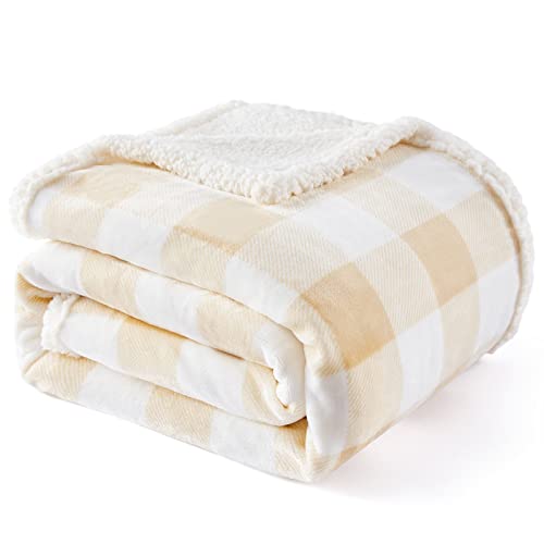 Sherpa Buffalo Plaid Twin Blanket 60" X 70", Fuzzy Fluffy Soft Cozy Throw Blanket, Fleece Flannel Plush Microfiber Blanket for Couch Bed Sofa(Beige) - color: Beige
