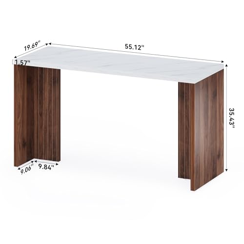 LITTLE TREE Home Bar Table, 55-Inch Long Counter Height Pub Table with a Faux Marble Finished Tabletop, Narrow Rectangular Indoor Bar Unit for Home, Kitchen, White & Walnut