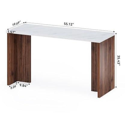 LITTLE TREE Home Bar Table, 55-Inch Long Counter Height Pub Table with a Faux Marble Finished Tabletop, Narrow Rectangular Indoor Bar Unit for Home, Kitchen, White & Walnut