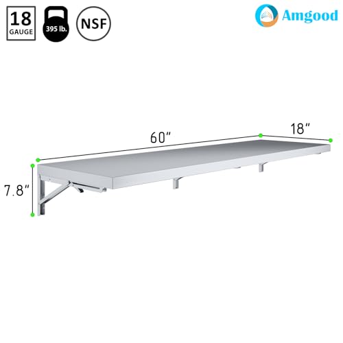 AmGood Stainless Steel Folding Wall Shelf 18 in. x 60 in. | NSF | Concession Stand, Food Truck, Kitchen, Restaurant, Garage, Laundry, Utility Room - size: 60" Long X 18" Deep