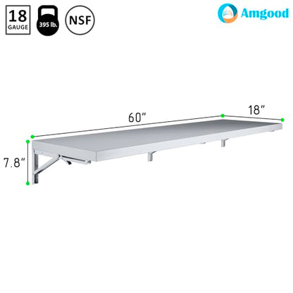 AmGood Stainless Steel Folding Wall Shelf 18 in. x 60 in. | NSF | Concession Stand, Food Truck, Kitchen, Restaurant, Garage, Laundry, Utility Room - size: 60" Long X 18" Deep