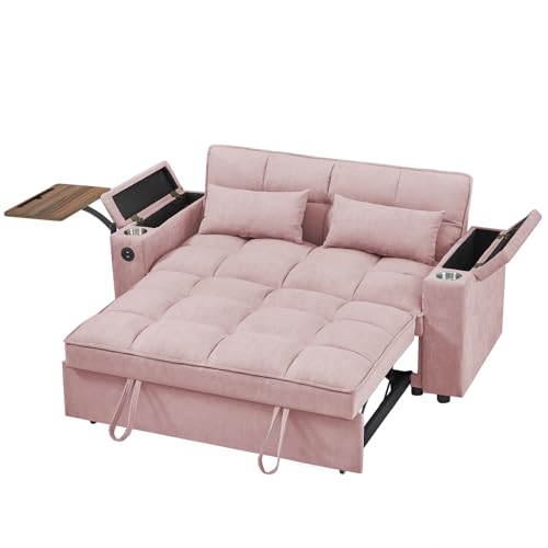66" Multi-Functional Pull-Out Sofa Bed with Hidden Side Table, Storage Armrests, Built-in Charging Port, Spring Mattress, Solid Wood Frame – Ideal for Small Spaces, Easy Assembly - color: 1007--pink