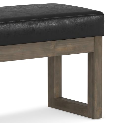 SIMPLIHOME Milltown 27" Wide Vegan Leather Rectangle Ottoman in Black | Distressed black, contemporary ottoman with a cushioned seat for bedroom seating; footstool, footrest or bench. - color: Distressed Black, style: Small Ottoman Bench