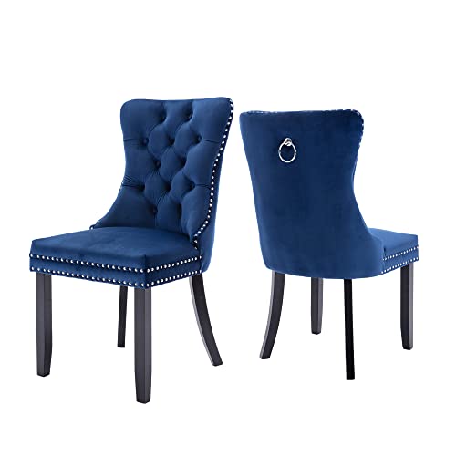 Virabit Blue Set of 2, Velvet Tufted Dining Chairs with Nailhead Back and Ring Pull Trim, Upholstered Dining Chairs for Kitchen/Bedroom/Dining Room… - color: Blue, size: set of 2