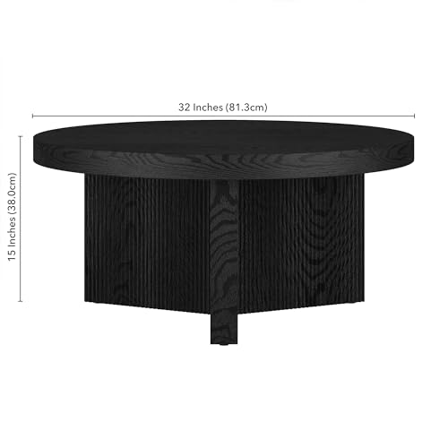 Henn&Hart 32" Scandinavian Fluted Coffee Table, Natural Black | Ribbed pedestal base and low profile bring Scandinavian style to small spaces including living rooms or family rooms - color: Natural Black, size: 32 inches