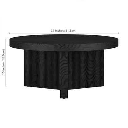 Henn&Hart 32" Scandinavian Fluted Coffee Table, Natural Black | Ribbed pedestal base and low profile bring Scandinavian style to small spaces including living rooms or family rooms - color: Natural Black, size: 32 inches