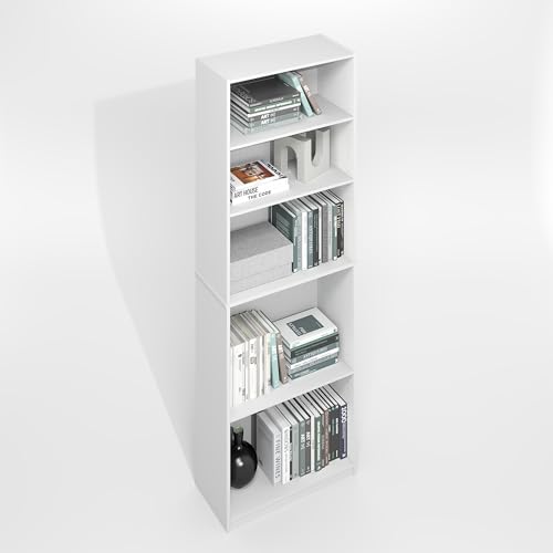 Furinno Jaya Simply Book Shelf, 5-Tier Bookshelf, Bookcase with Adjustable Shelves, 9.5 x 24.5 x 71.2, for Living Room, Bedroom, Home Office, Plain White - color: White, size: 5-Tier, 9.5 x 24.5 x 71