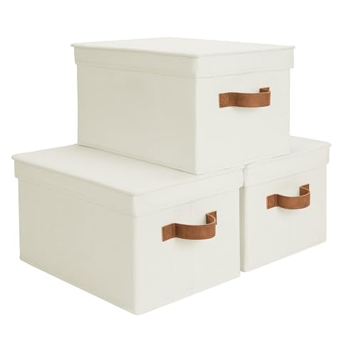StorageWorks Closet Storage Bins, Fabric Storage Bins with Lids | Lidded Dust-proof, Easy Pull Handles, Foldable, Stackable, Ideal for Clothes Blanket Towel, Large, Ivory, 3-Pack - color: Ivory, size: Large