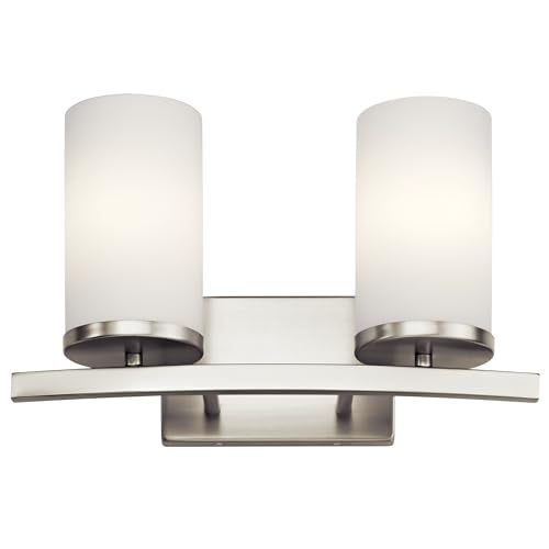 Kichler Crosby 2-Light Bathroom Vanity Light, Brushed Nickel | Satin etched cased opal glass vanity light for modern bathrooms (15" x 8.75" x 15"), 45496NI - color: Brushed Nickel, size: 2 Light, style: Satin Etched Cased Opal Glass
