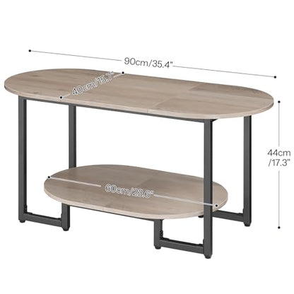 HOOBRO Coffee Table for Living Room, Oval Small Coffee Table with 2-Tier Open Storage Shelf, Industrial Cocktail Tea Table, Wooden Desktop Center Table, Farmhouse, Home Office, Greige BG09KF01 - color: Greige