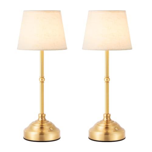 2 Pack Cordless Table Lamp, Rechargeable Desk Lamp with Fabric Shade, Battery Operated 3 Color Stepless Dimming, Small Touch Bedside Lamp Home Decor for Dining, Counter(Brushed Gold) - color: Brushed Gold, size: 2 Pack