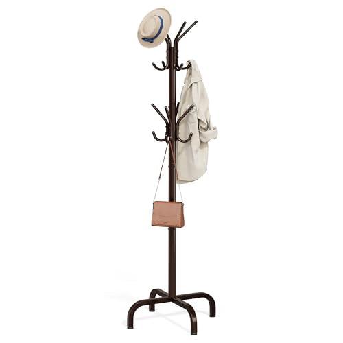 SONGMICS Coat Rack Freestanding with 16 Hooks, Metal Coat Tree Stand with 4 Adjustable Feet, Clothes Hanger Stand for Entryway Bedroom Living Room Hallway Office,Bronze URCR083MZ01S - color: Brown, style: 16 hooks