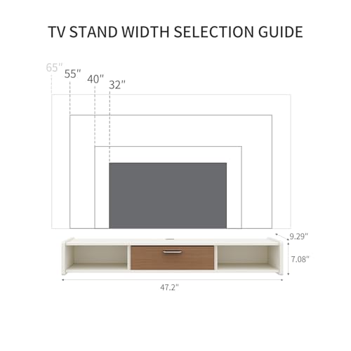 47'' Floating TV Stand, Wall Mounted TV Console, White | Floating TV Cabinet, Under TV Shelf for Bedroom Living Room - color: White, size: 47 IN