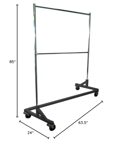 Only Hangers GR600-EH Deluxe Commercial Grade Rolling Z Garment Rack, 400lb Capacity, 63" Length with Add-On Extra Double Rail, Adjustable Height Chrome Uprights and Black Base, One Rack