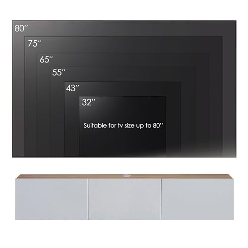 Atelier Mobili Floating TV Stand - Wall Mounted, Supports up to 80 inch TV, Modern White Entertainment Center for Living Room, White Floating TV Stand with Oak Counter Design - color: White & Sapphire Oak