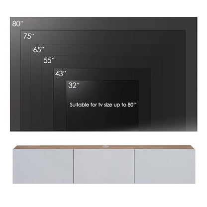 Atelier Mobili Floating TV Stand - Wall Mounted, Supports up to 80 inch TV, Modern White Entertainment Center for Living Room, White Floating TV Stand with Oak Counter Design - color: White & Sapphire Oak
