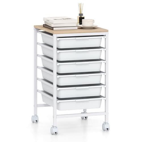 RELAX4LIFE 6-Drawer Rolling Storage Cart - Mobile Art Supply Craft Organizer on Wheels w/Wooden Tabletop & Metal Frame, Utility Storage Cart for Home Living Room Office Classroom (White, 22.5”H) - color: White, size: 22.5”H