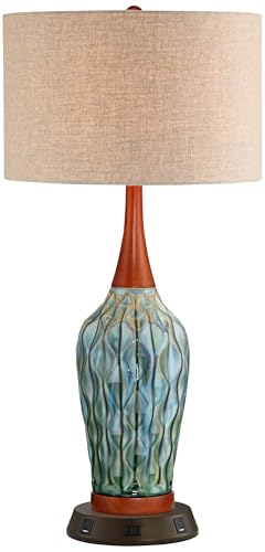 Rocco 30" Large Table Lamp Blue Ceramic USB Workstation Base Handmade | Colors May Vary. Mid Century Modern Charging Port and AC Power Outlet Living Room Bedroom Tan Drum Shade - color: Blue Teal Ceramic with USB Workstation Base