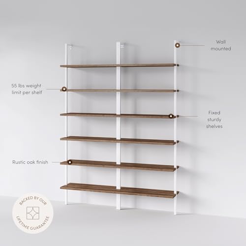 Nathan James Theo 6-Shelf Tall Bookcase, Wall Mount Bookshelf with Natural Wood Finish and Industrial Metal Frame, Rustic Oak/White, Set of 2 - color: Oak/Matte White, size: Set of 2