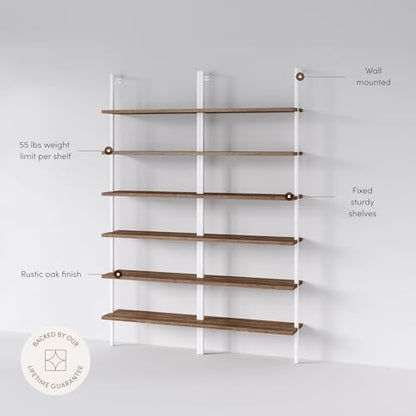 Nathan James Theo 6-Shelf Tall Bookcase, Wall Mount Bookshelf with Natural Wood Finish and Industrial Metal Frame, Rustic Oak/White, Set of 2 - color: Oak/Matte White, size: Set of 2