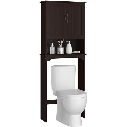 Yaheetech Over The Toilet Storage with 2 Doors & Adjustable Shelf, Free Standing Toilet Rack Wooden Space-saving Collect Cabinet, Bathroom Furniture, 9Dx24.5Wx66H Inches, Espresso | Doors Hide Clutter, Open Cubby Keeps Essentials Handy, Slim 9-Inch Depth