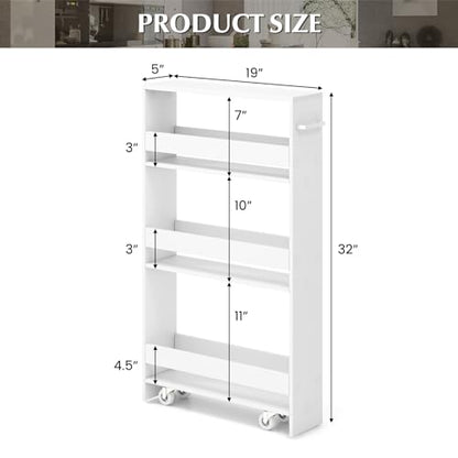 Slim Storage Cart, 4-Tier Rolling Cart with Handle & Wooden Top for Kitchen Bathroom Laundry Living Room Narrow Small Spaces, 5 Inches Width (Plain White) - color: Plain White