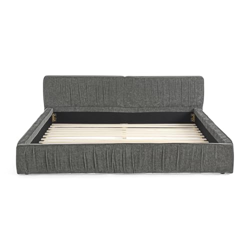 Queen Size Upholstered Bed Frame, Modern Grounded Bed with Solid Wood Slats, Pleated Headboard, Sturdy Construction, No Box Spring Needed, Grey (Grey, Queen) - color: Grey