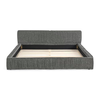 Queen Size Upholstered Bed Frame, Modern Grounded Bed with Solid Wood Slats, Pleated Headboard, Sturdy Construction, No Box Spring Needed, Grey (Grey, Queen) - color: Grey