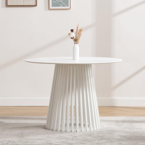 HEAH-YO Round Dining Table Set of 1, Modern Kitchen Table with Solid Wood Stripes, 43” Wood Dinner Table for Kitchen Dining Room, White - color: White