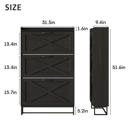 Maupvit Shoe Storage Cabinet with 3 Flip Drawers, Freestanding Organizer with Metal Legs for Entryway, Narrow Shoe Rack Cabinet, Black - color: Black, style: 3-Drawers