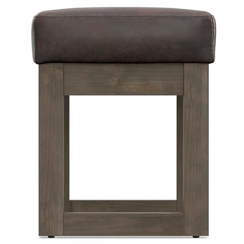 SIMPLIHOME Milltown 27" Wide Vegan Leather Ottoman in Distressed Brown | Contemporary ottoman with a cushioned seat for bedroom seating; rectangle footstool, footrest or bench. - color: Distressed Brown, style: Small Ottoman Bench