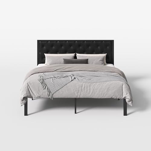 SHA CERLIN King Size Metal Bed Frame with PU Tufted Headboard, Black | Modern Design Heavy-Duty Platform Bed, No Box Spring Need, PU Leather Upholstery, Noise Free, Easy Assembly - color: Black, size: King