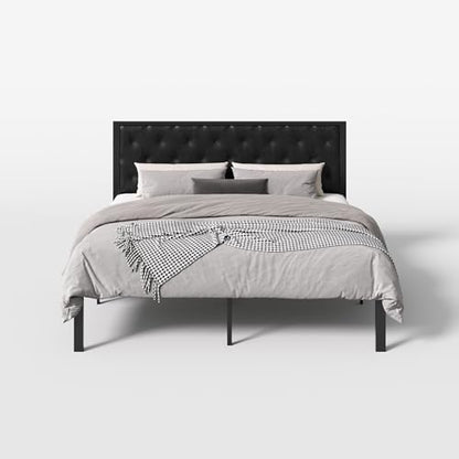 SHA CERLIN King Size Metal Bed Frame with PU Tufted Headboard, Black | Modern Design Heavy-Duty Platform Bed, No Box Spring Need, PU Leather Upholstery, Noise Free, Easy Assembly - color: Black, size: King