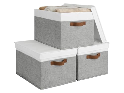 StorageWorks Fabric Storage Bins with Lids, Closet Storage Bins | Lidded Dust-proof, Easy Pull Handles, Foldable, Stackable, Ideal for Clothes Blanket Towel, Jumbo, Gray and White, 3-Pack - color: Gray and White, size: Jumbo