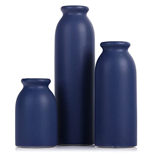 Blue Ceramic Vase Set of 3, Matte Blue Vases for Modern Rustic Farmhouse Style, Decorative Vases for Dining Table, Shelf, Bedroom, Living Room, Kitchen, Office, Bathroom, Mantle, Centerpiece Décor - color: Blue