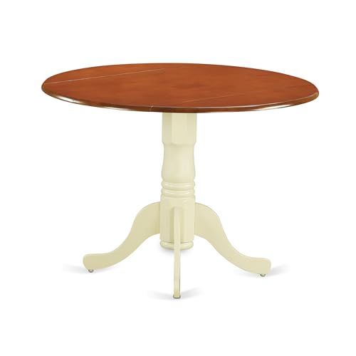 East West Furniture DLT-BMK-TP Dublin Modern Kitchen Table - a Round Dining Table Top with Dropleaf & Pedestal Base, 42x42 Inch, Buttermilk & Cherry - color: Buttermilk & Cherry